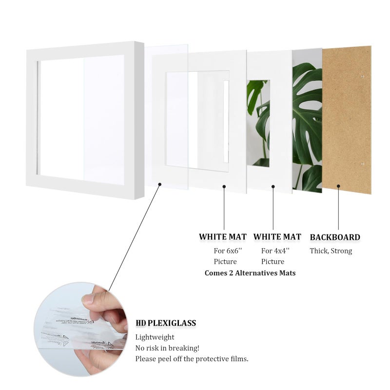 Egofine 8x8 Picture Frames 4 PCS - Made of Solid Wood Covered by Plexiglass for Table Top Display and Wall Mounting Photo Frame for Pictures 4x4/6x6 with Mat White - Image 4